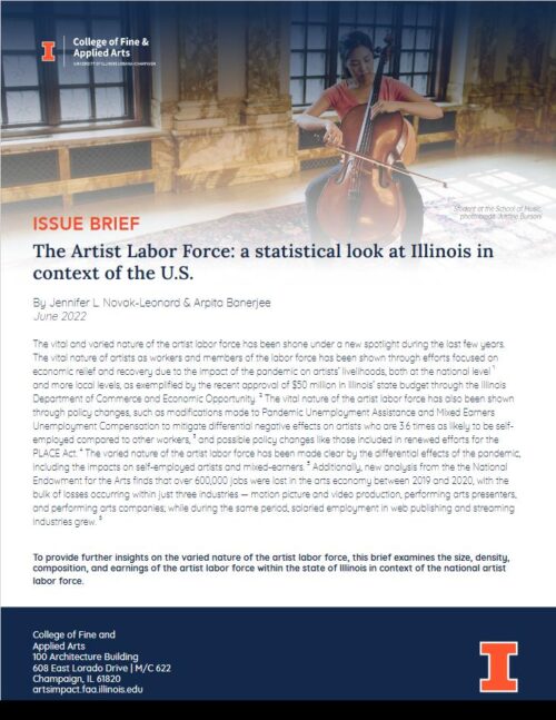 blue and white pdf page with title "issue brief: the artist labor force: a statistical look at Illinois in context of the U.S."
