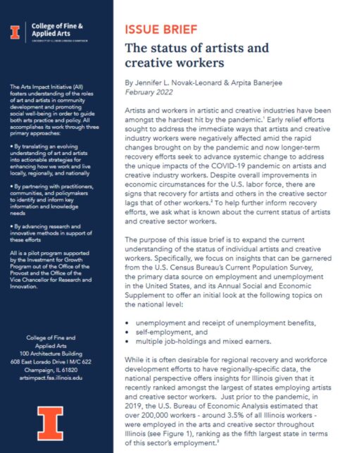 blue and white pdf page with title "issue brief: the status of artists and creative workers" - please click the view and download link for content