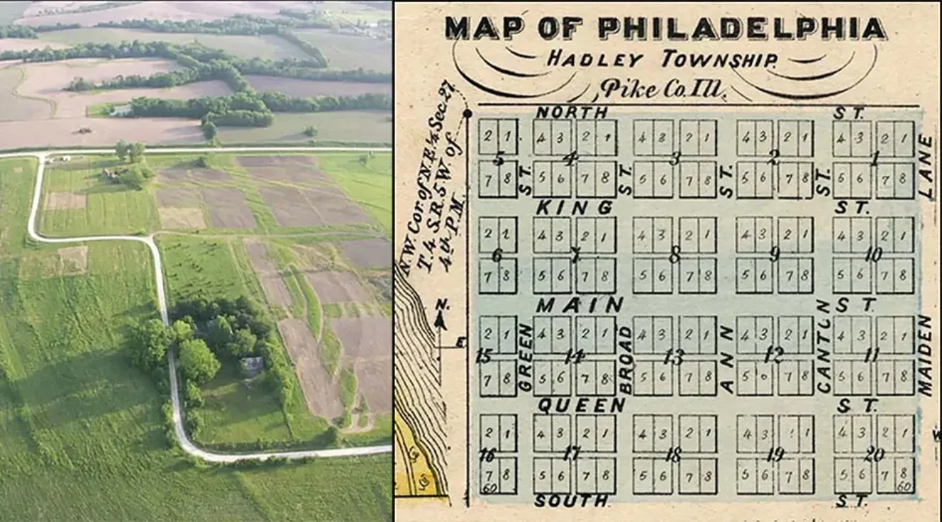 Aerial view of New Philadelphia site (2005) and map from 1872