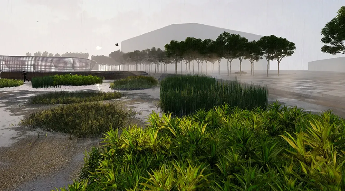 Digital drawing showing a wetland area with grasses in the foreground, misty trees in the middle ground, and buildings behind.