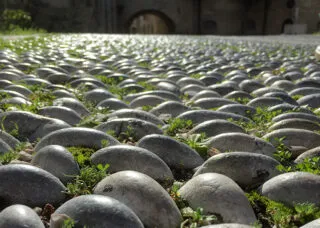 Cobblestone street paving in Rhodes, Greece