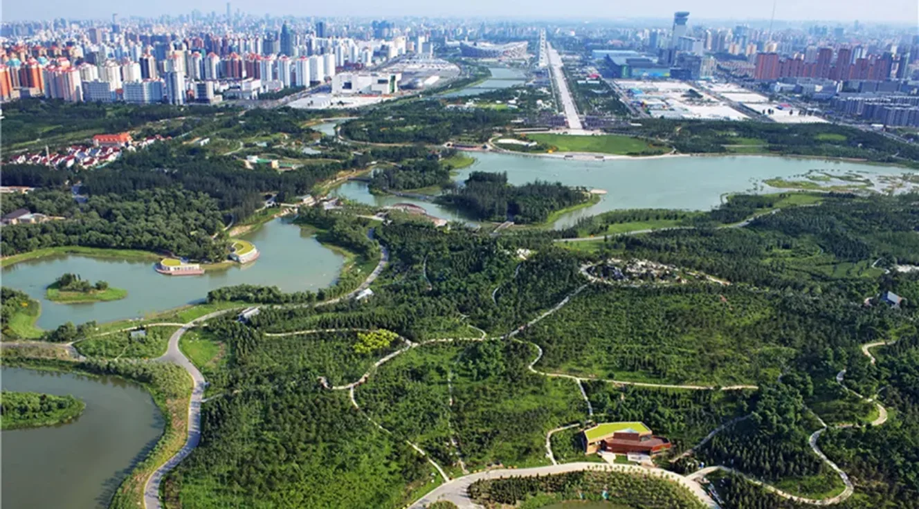 Bird's-eye view of Olympic Forest Park in Beijing, China