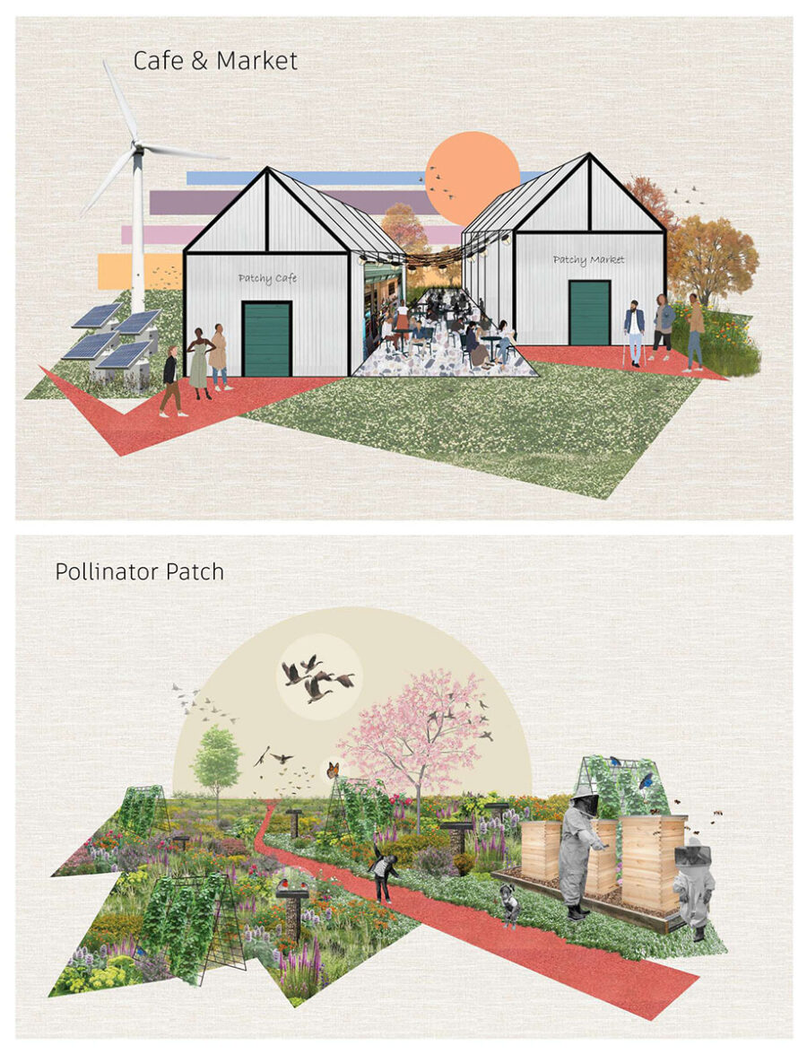 Views of Cafe &amp; Market and Pollinator Patch in Patchy Farm by Grace Burkard