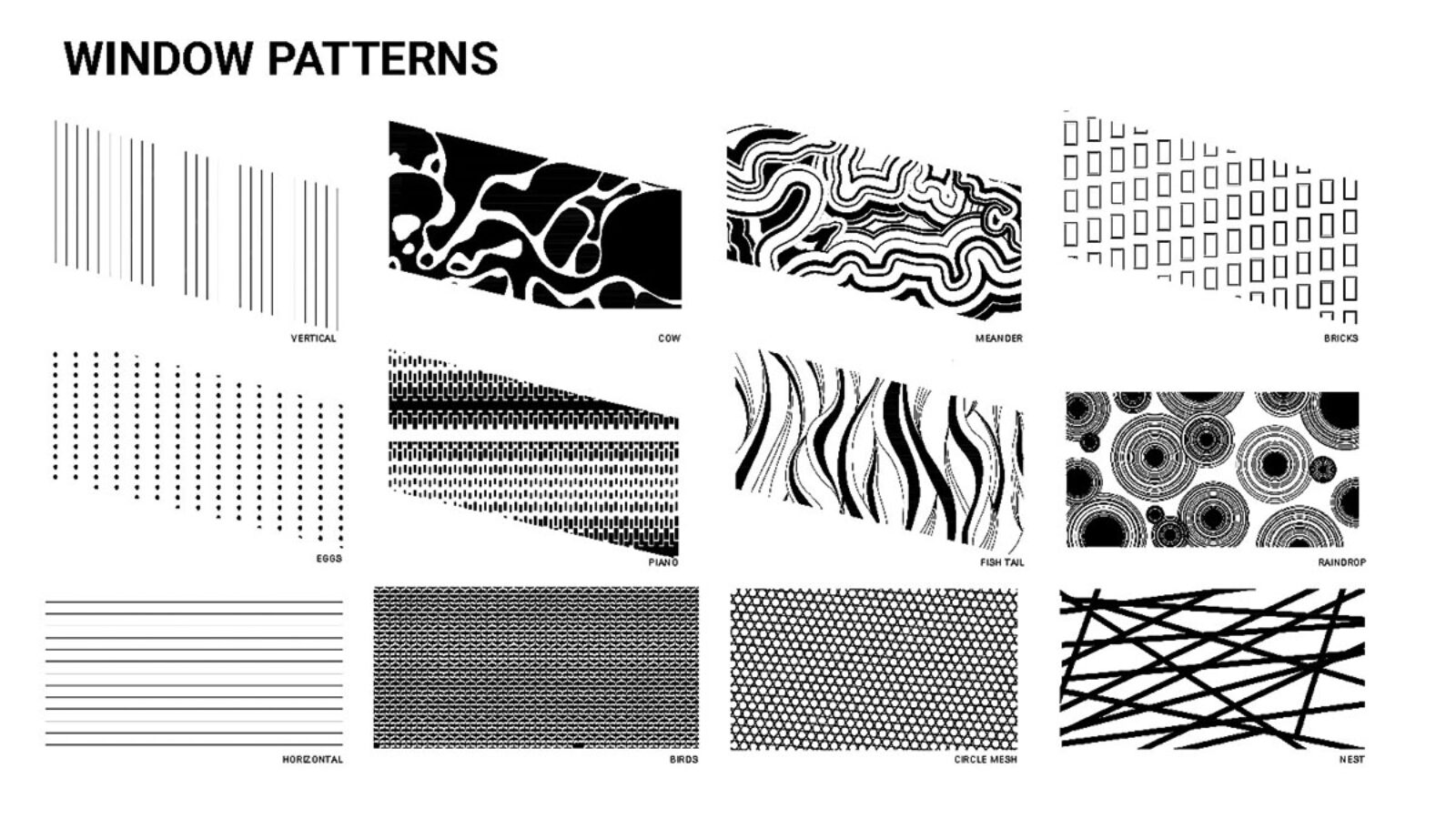 Drawing showing patterns used on panels in exhibition "For the Birds"