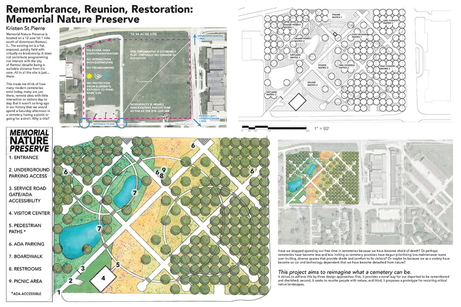 Plans of existing condition and proposed design for "Memorial Nature Preserve" project by Kristen St.Pierre