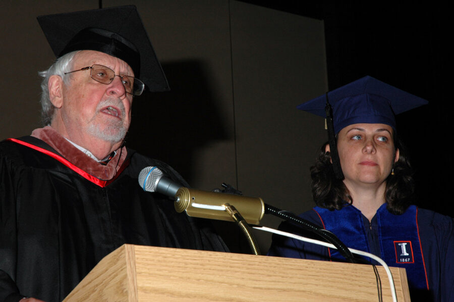 Rachel Leibowitz receiving first PhD in Landscape Architecture at Illinois, with Professor Robert Riley