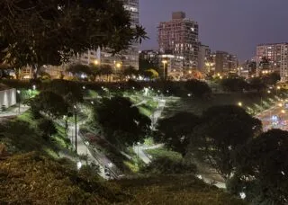 View of Bicentennial Park, Miraflores, Lima, Peru, at night.