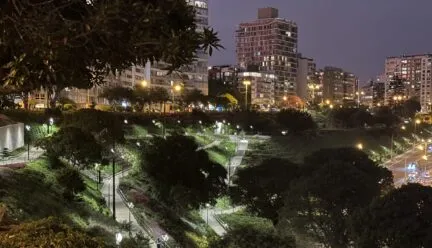 View of Bicentennial Park, Miraflores, Lima, Peru, at night.