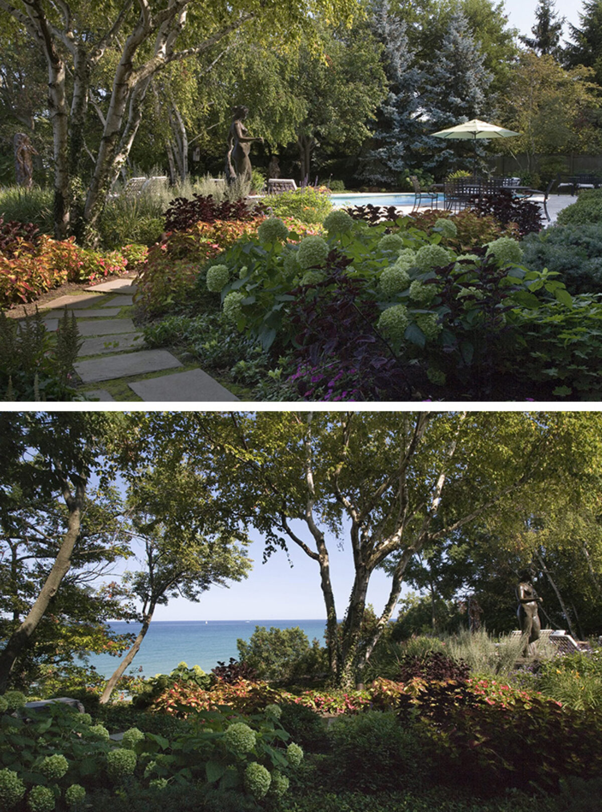 Two photos of Sculpture Garden in Winnetka, IL, designed and built by James Martin Associates