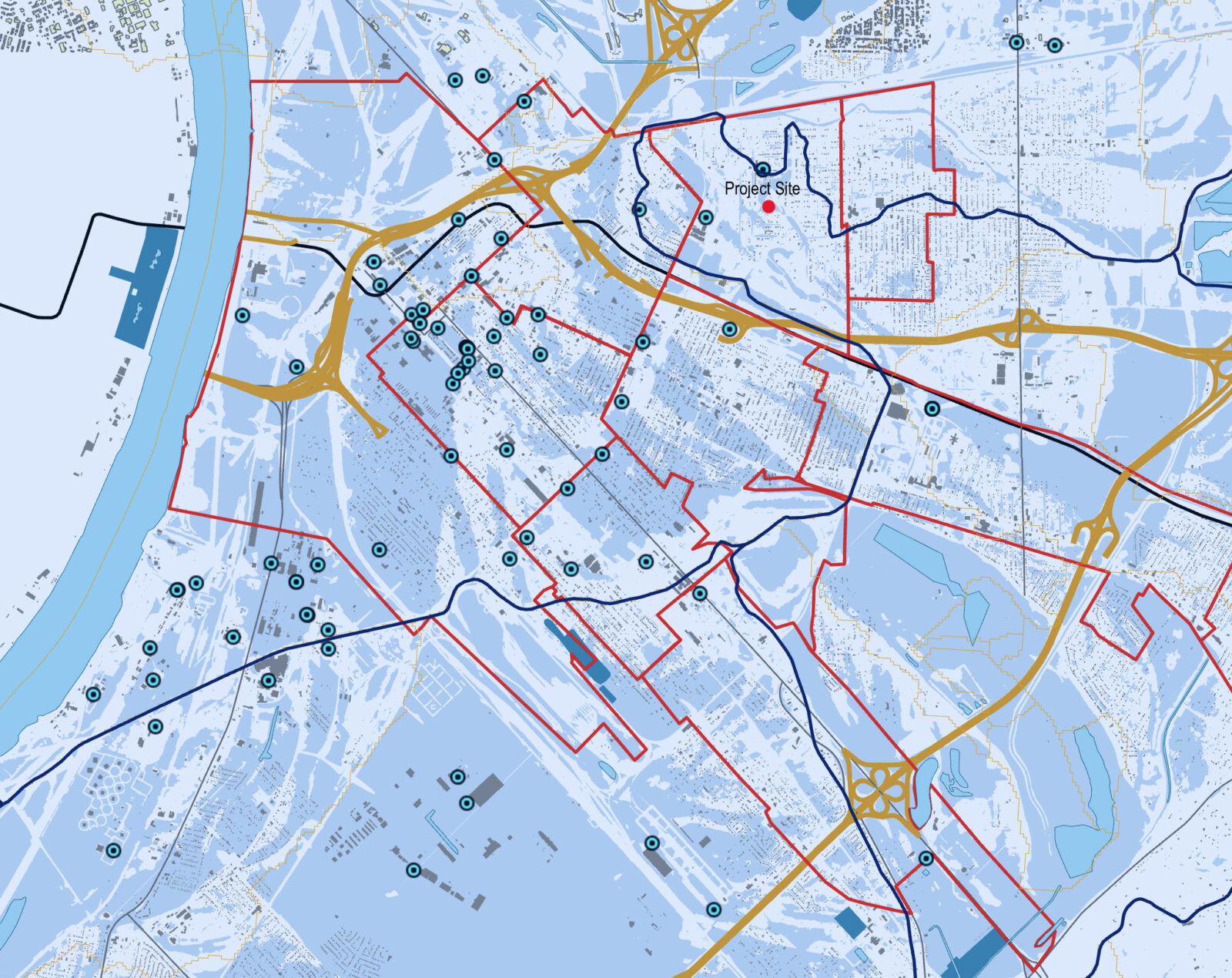 Plan of East St Louis, IL, with “Cultivating Green in the City” project site marked (red dot)