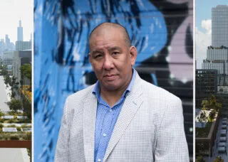 Photo of Ernie Wong flanked by two images of the 1901 Project at the United Center in Chicago