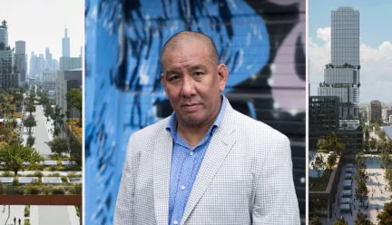 Photo of Ernie Wong flanked by two images of the 1901 Project at the United Center in Chicago