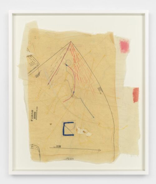 Ronny Quevedo, my mother’s hand, in collaboration with Noemi Quevedo, 2017. Pattern paper, thread, and wax on unstretched muslin. 47-7/8 × 20-5/8 inches (framed). Courtesy of the artist. © Ronny Quevedo.