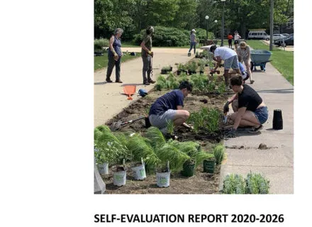 Self Evaluation report 2020-2026, students gardenig in the image.