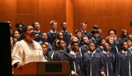 Choir director Ollie Watts Davis sings with the Black Chorus at Krannert Center for the Performing Arts on Oct. 1, 2017. Photo by Ben Tschetter