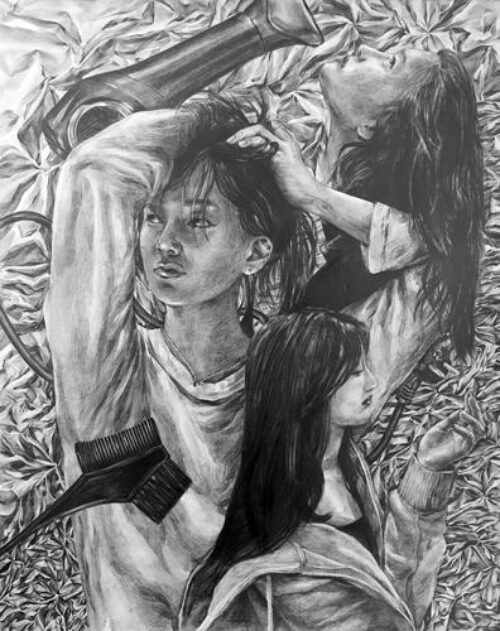 self-portrait with three girls and hair dryer, comb