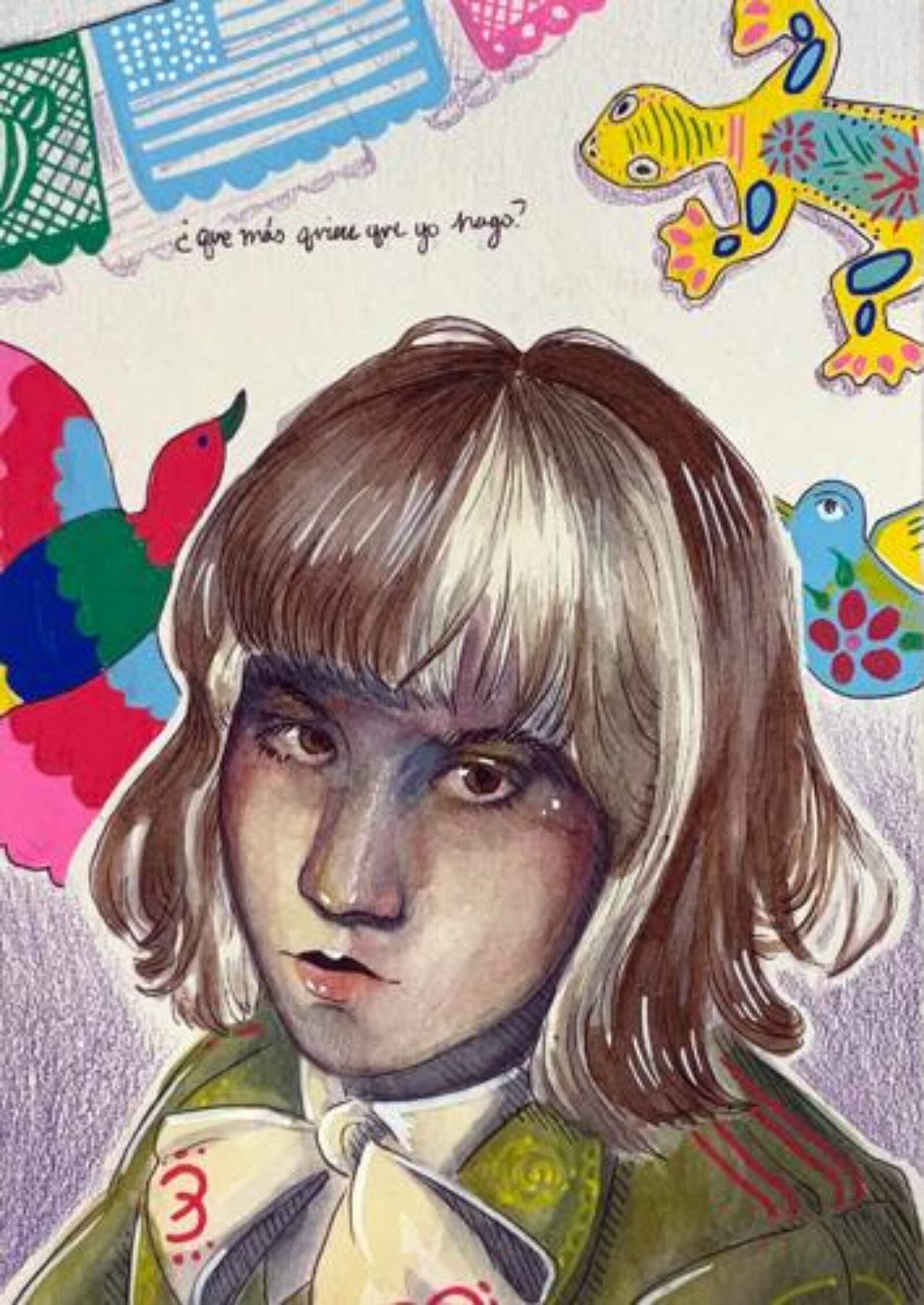 self-portrait with birds, an iguana, and peace flags