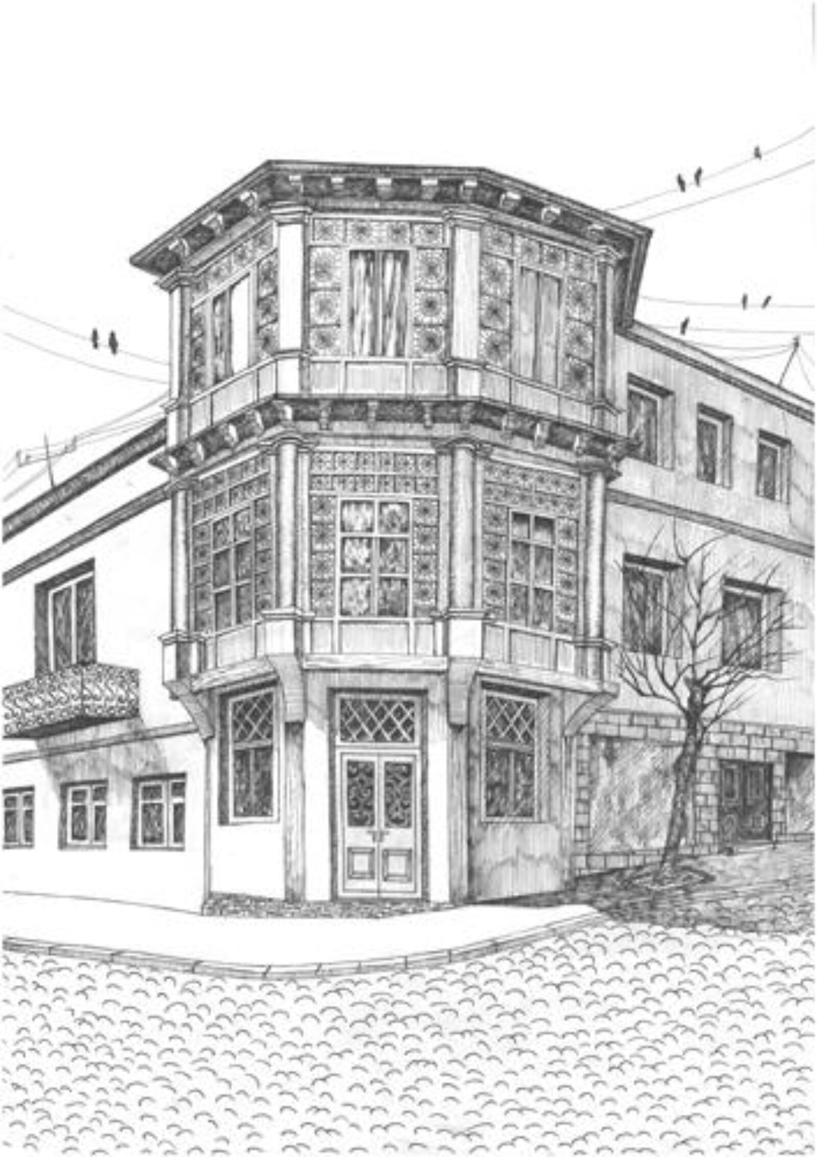 drawing of corner of building