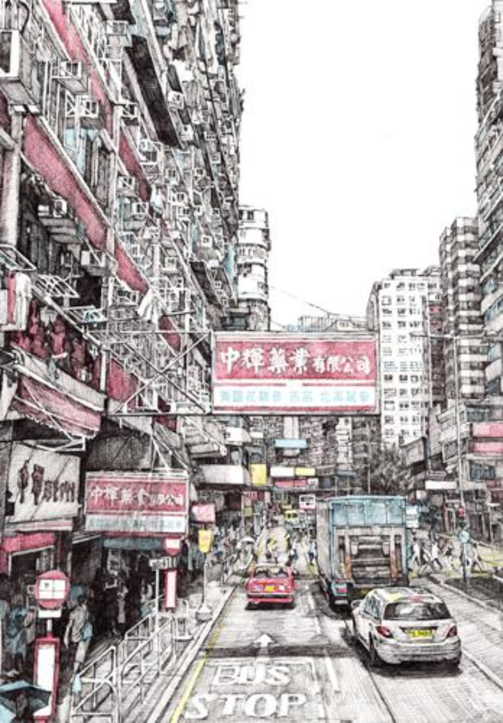 black, white, and red city sketch