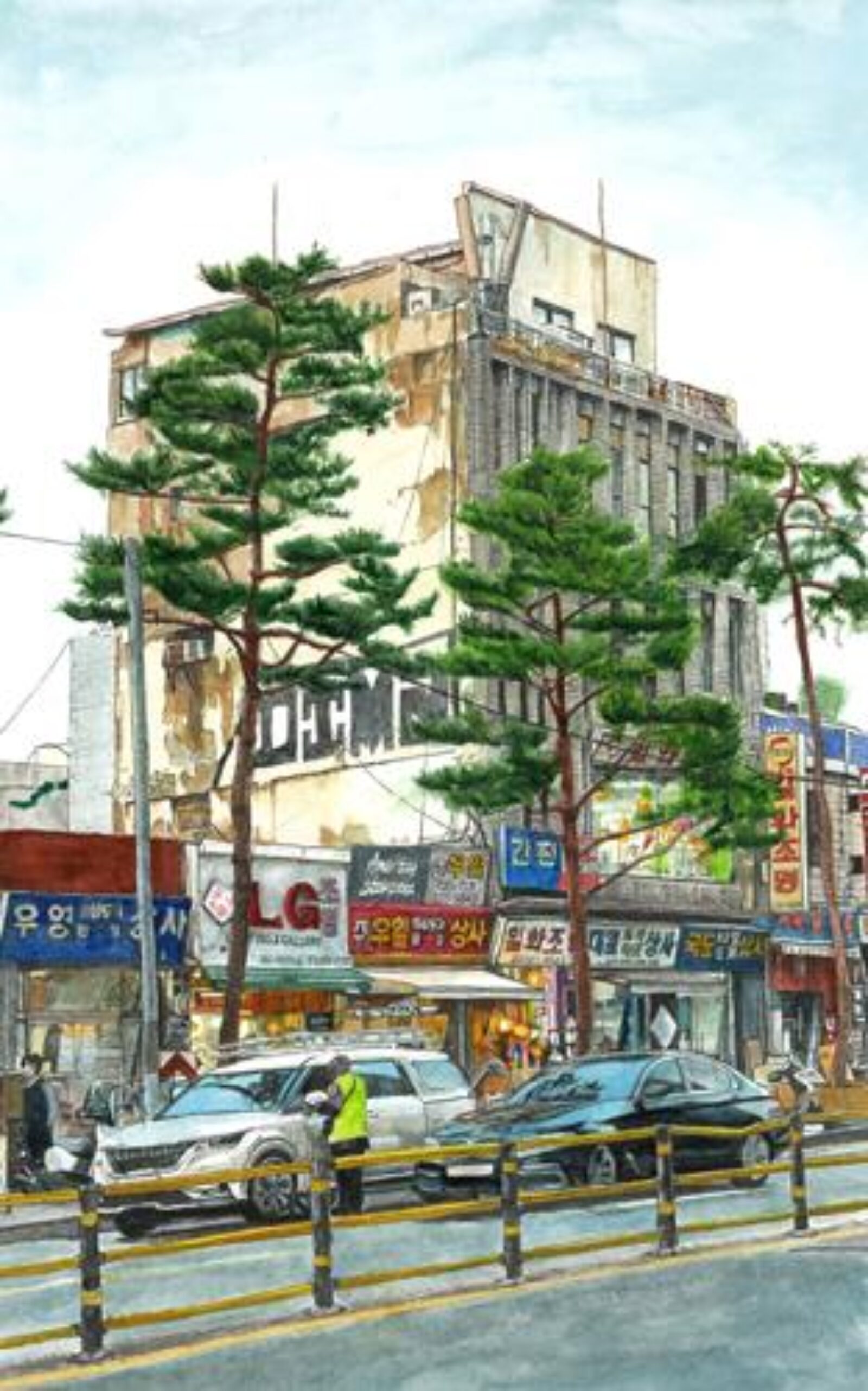 trees and storefront drawing