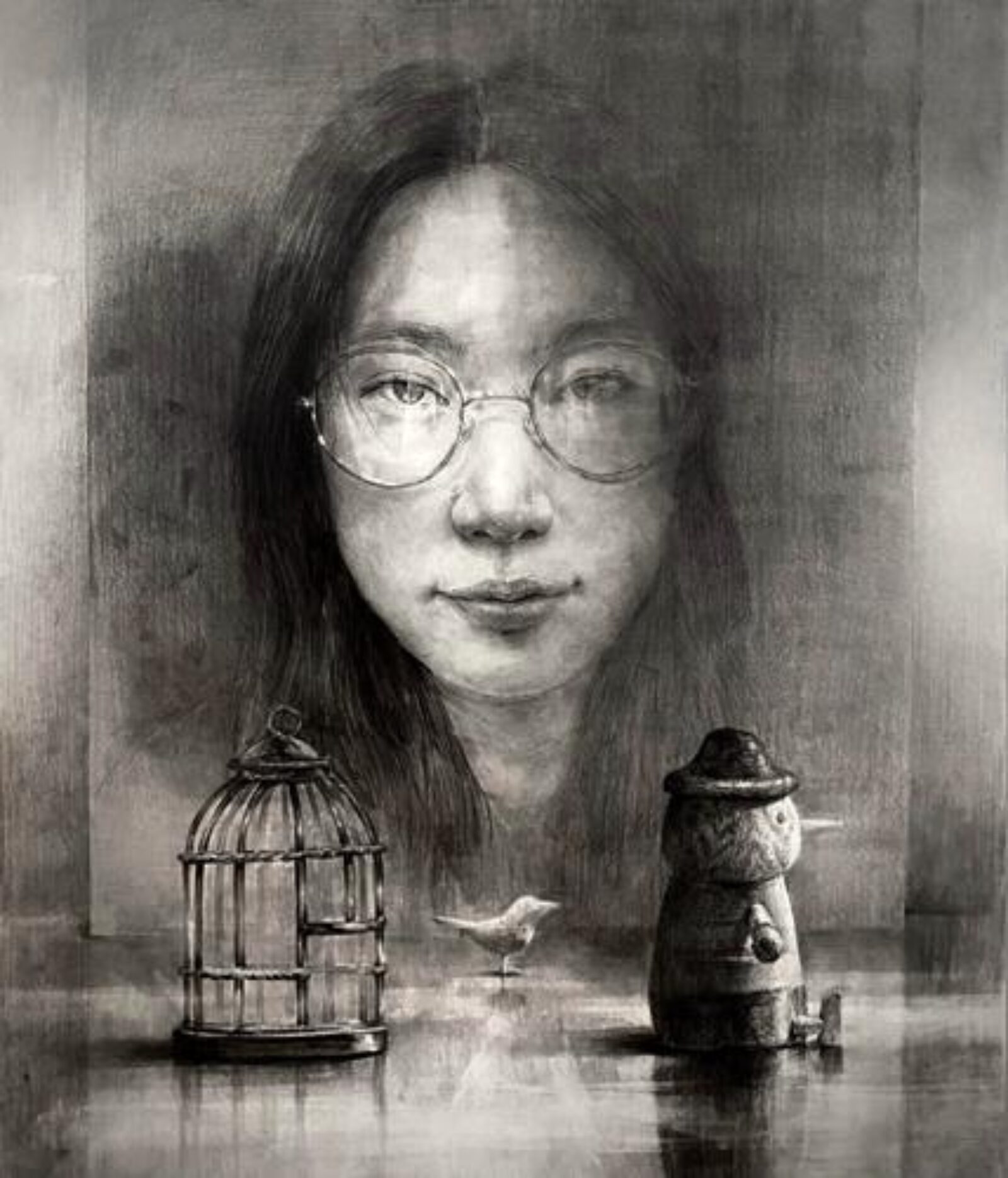 black and white portrait with birdcage