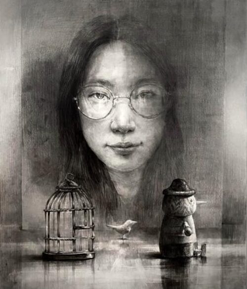 black and white portrait with birdcage