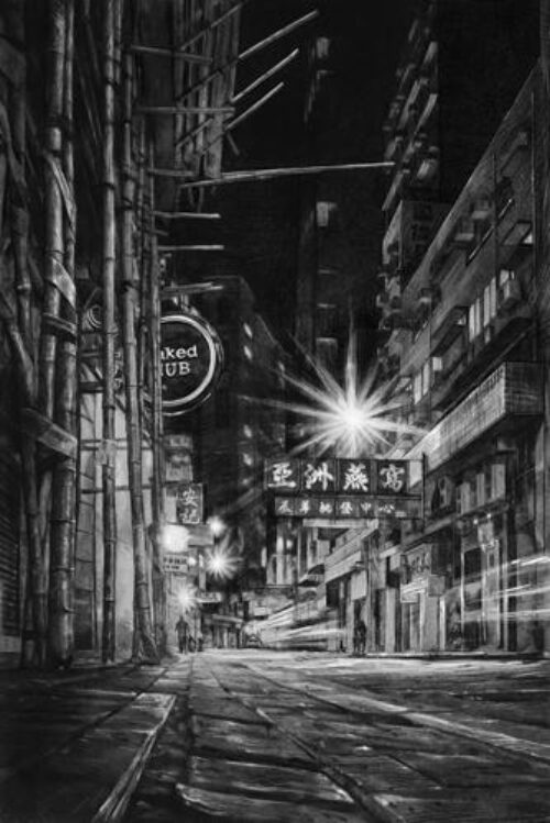 black and white sketch of city