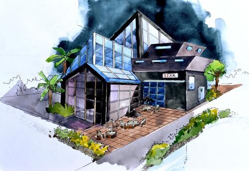 painting and sketch of modern house with windows and structure 