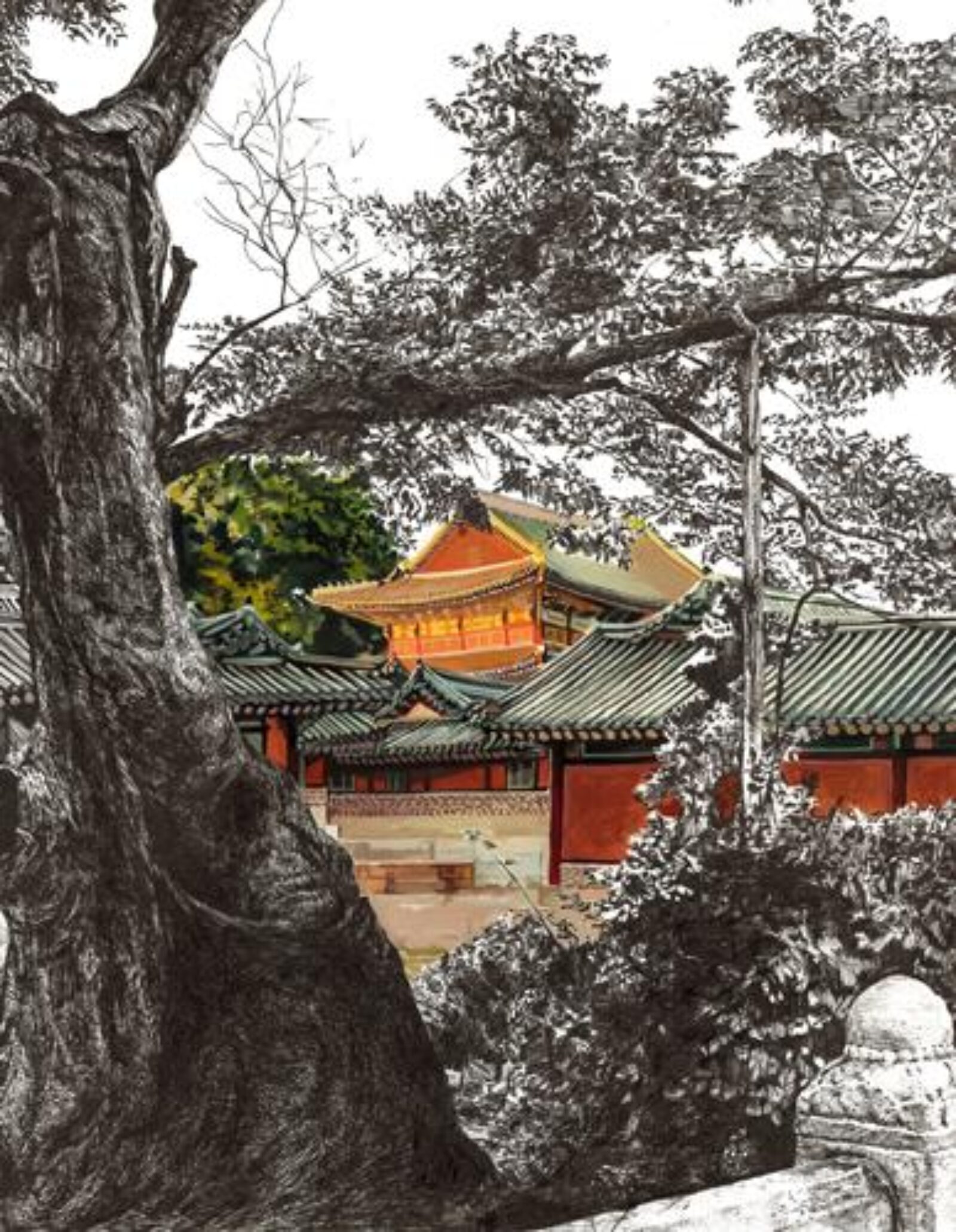 asian style roofs seen through trees