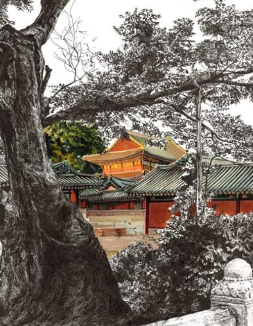 asian style roofs seen through trees