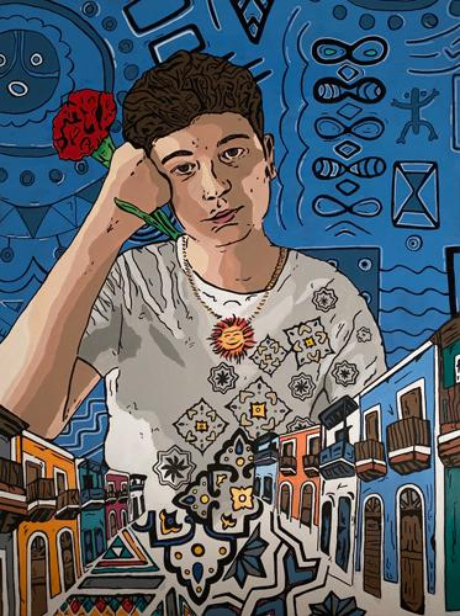 self portrait drawing of a person holding a rose and with pattern details