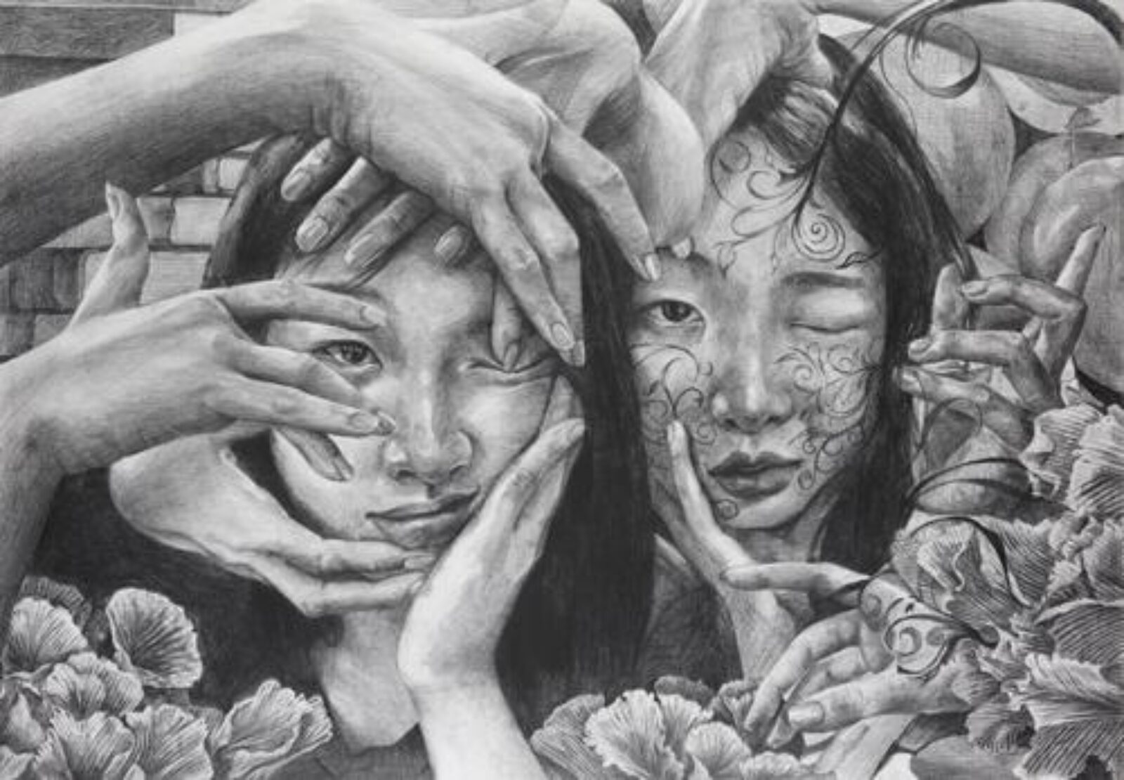self-portrait with two girls and lots of hands