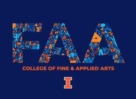 rectangle shape, navy background, FAA filled with tiny letters, College of Fine &amp; Applied Arts, Illinois branding