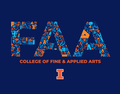 rectangle shape, navy background, FAA filled with tiny letters, College of Fine &amp; Applied Arts, Illinois branding