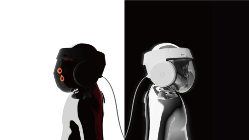 black figure with headgear on white background and white figure with headgear on black background