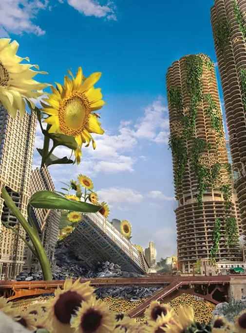 Flowers and green buildings in urban setting