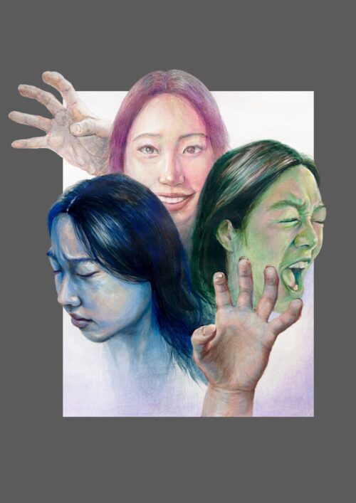 self-portrait with three faces and two hands