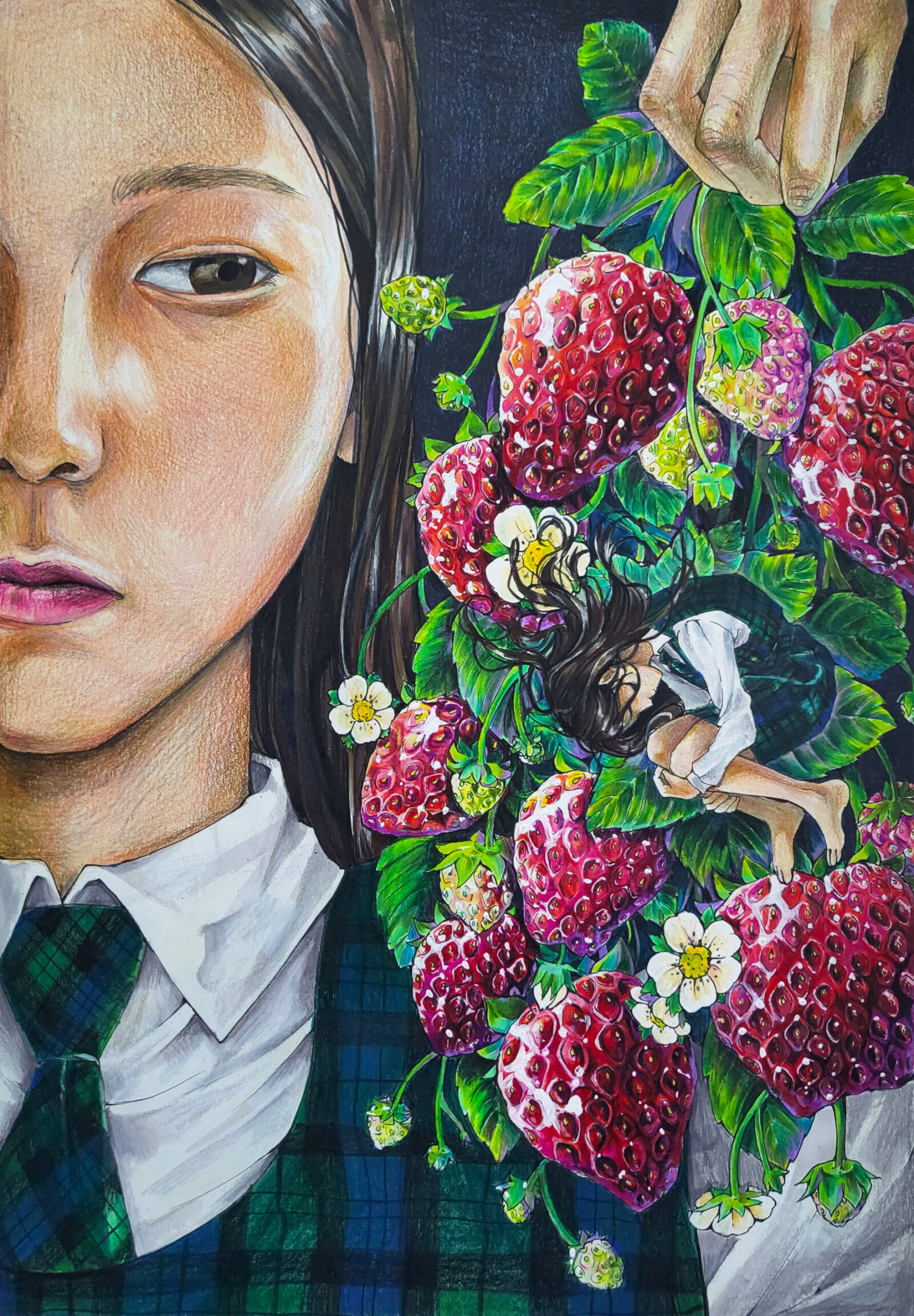 self-portrait with half face and hand holding strawberries