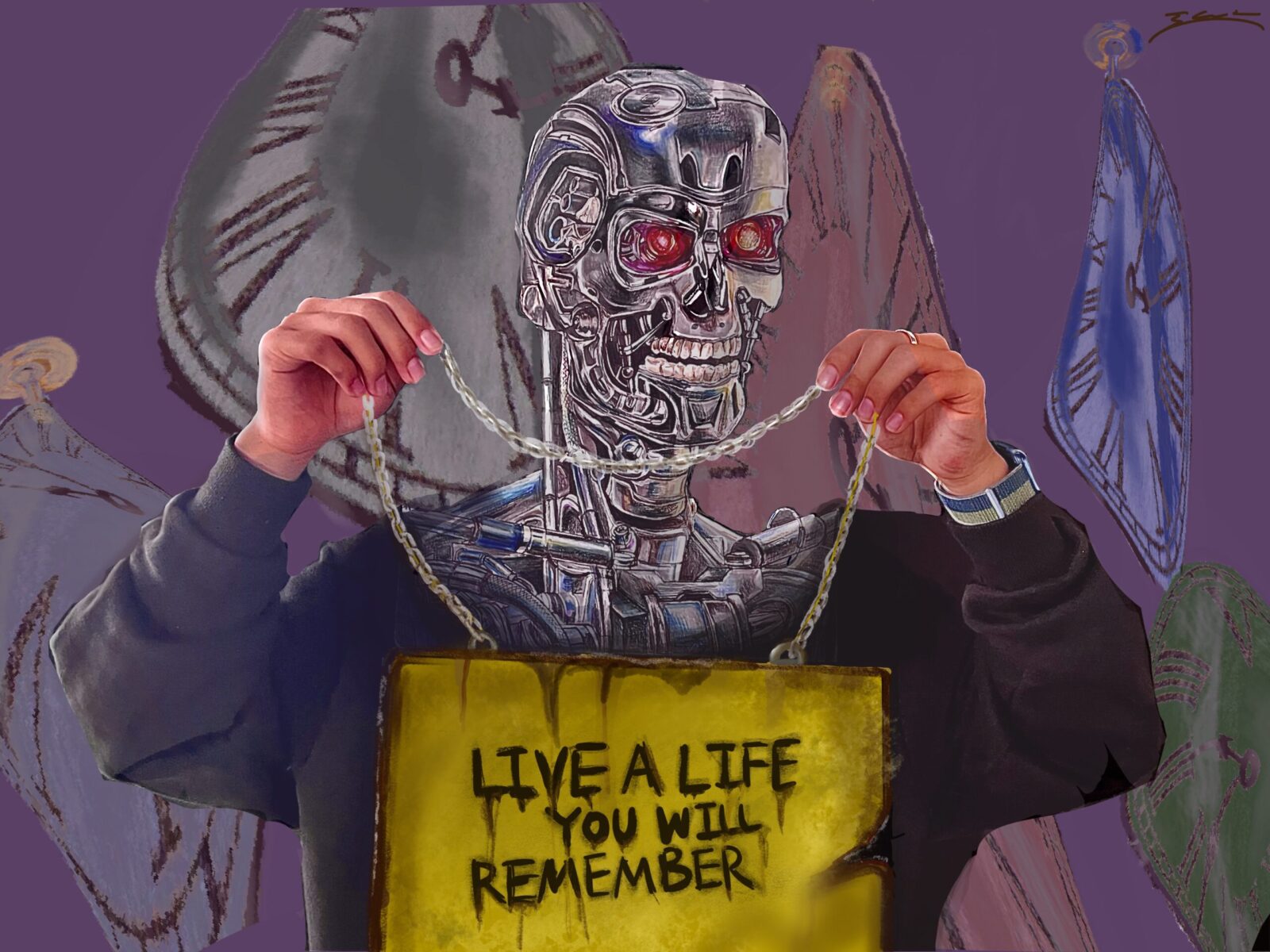 self-portrait of metallic robot skull holding sign