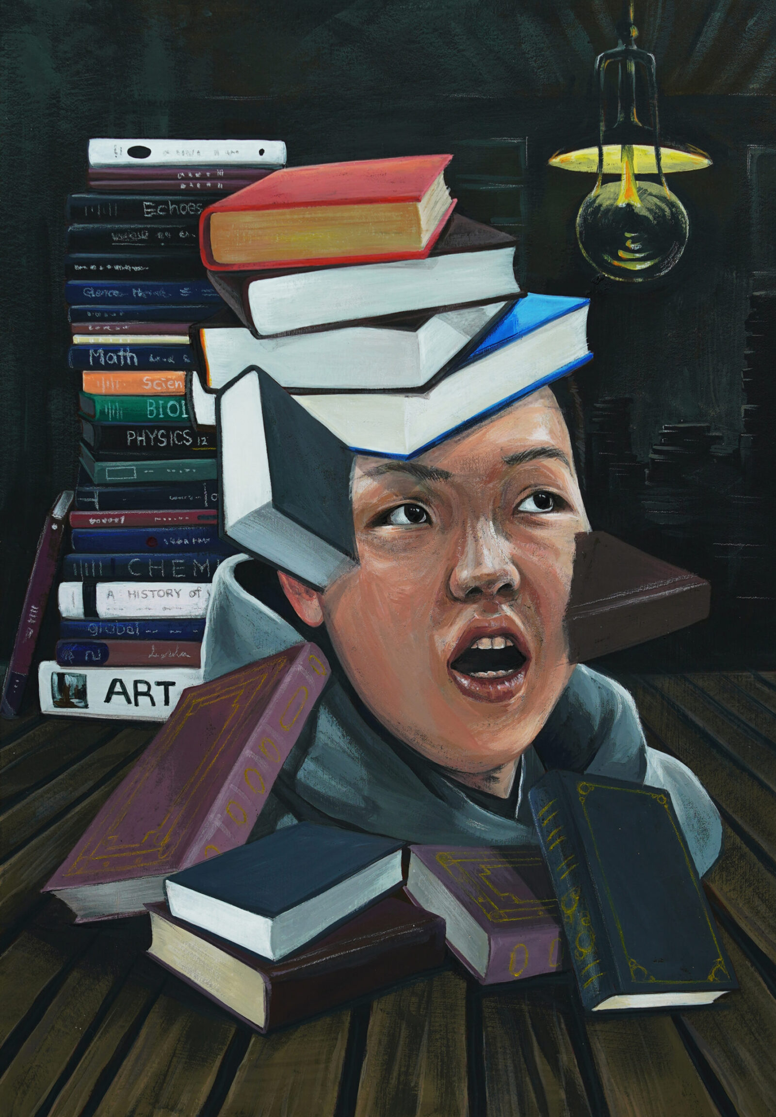 self-portrait with head in stack of books