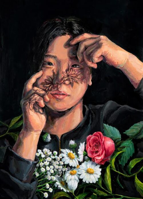 self-portrait with flowers and hands by face