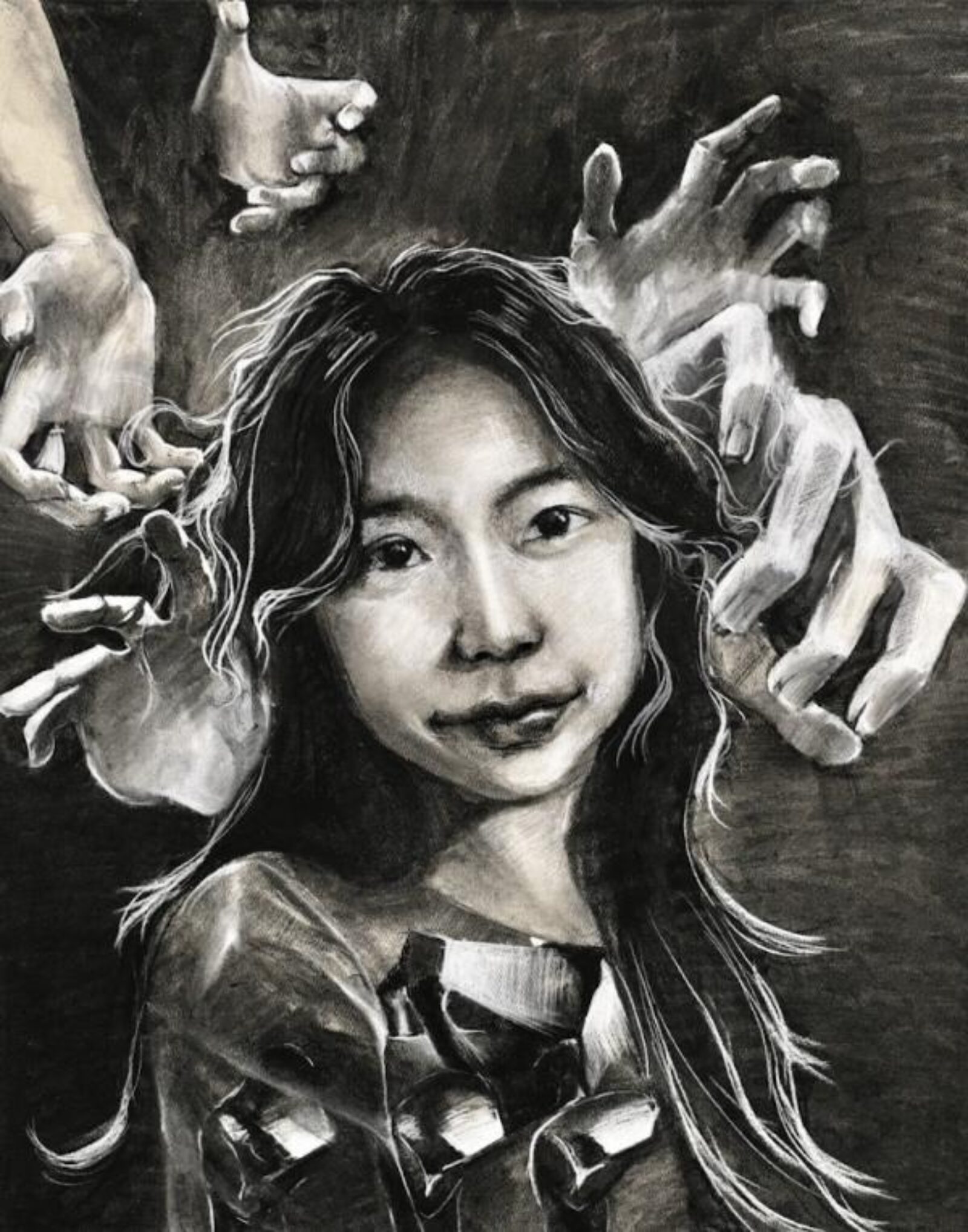 self-portrait with face and lots of hands 