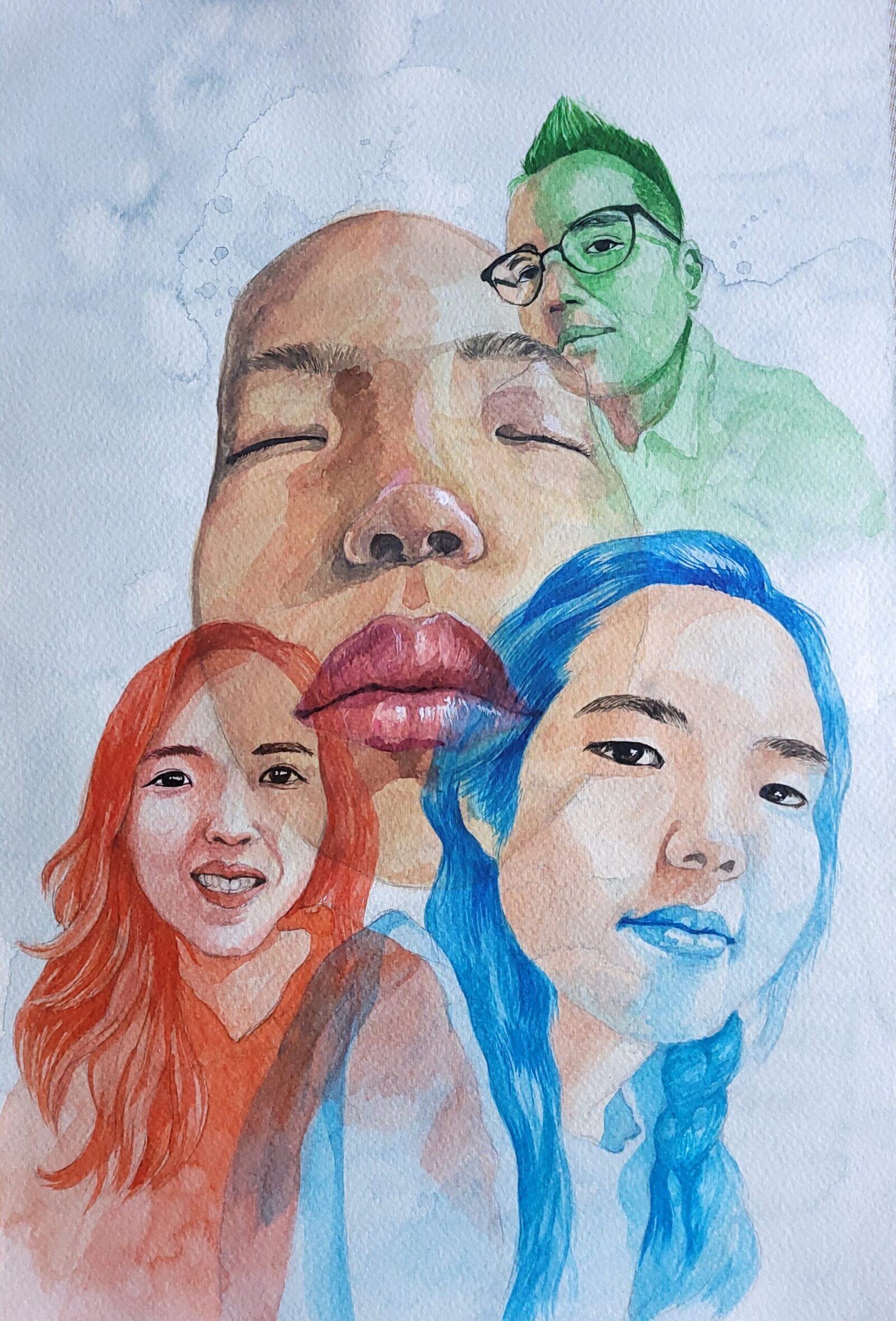 self-portait with four faces in different colors