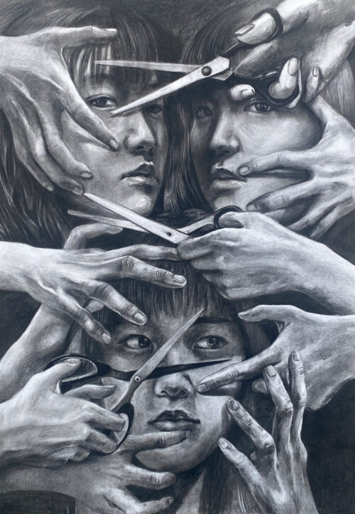 self-portrait in black and white with three faces and hands with scissors