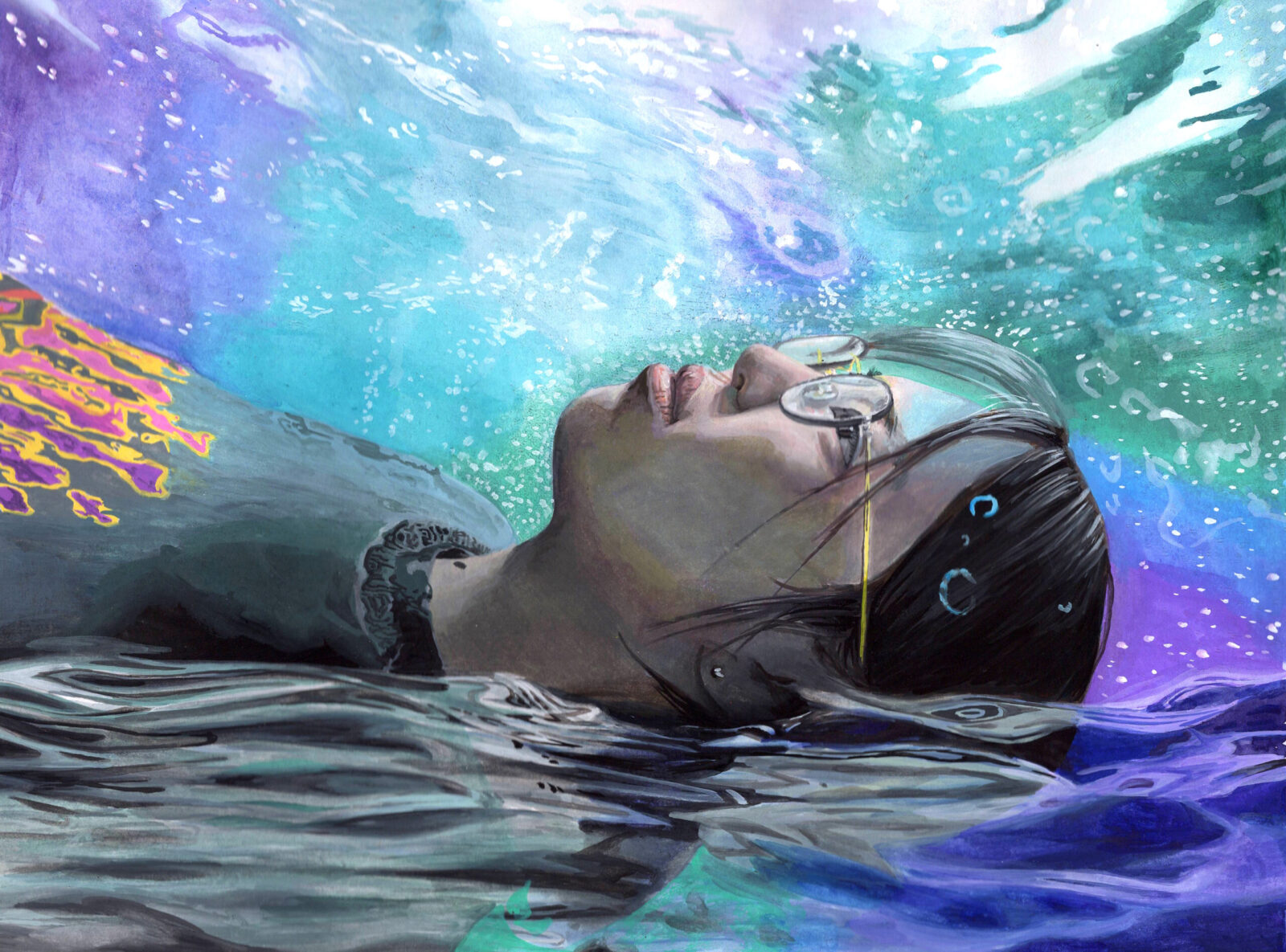 self-portrait of upper body floating in blue and purple water