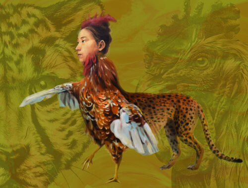 self-portrait with cheetah body, bird legs and wing, and human head