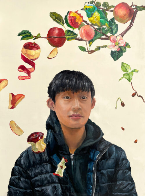 self-portrait with fruit and a tree branch