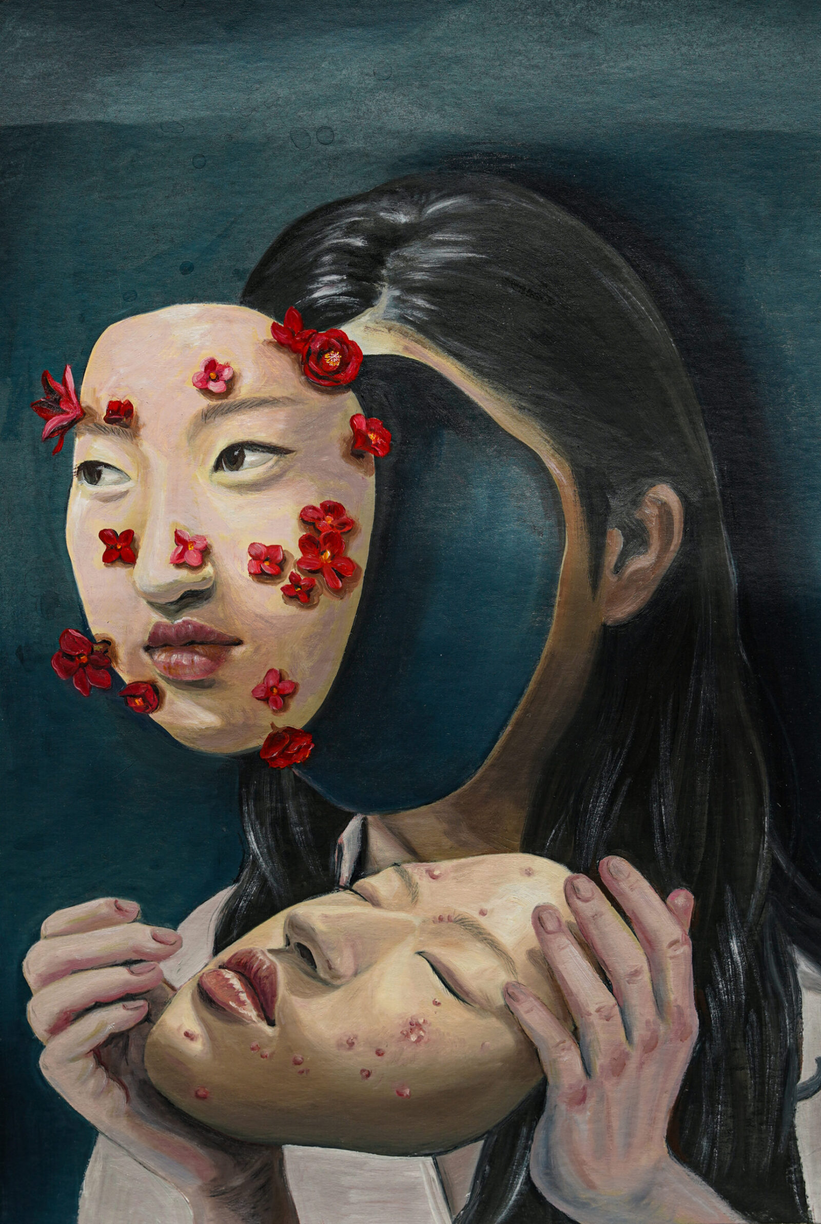 self-portrait with two masks and flower heads