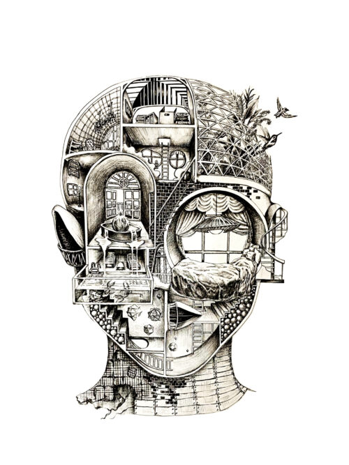 self-portrait with architectural forms in place of face