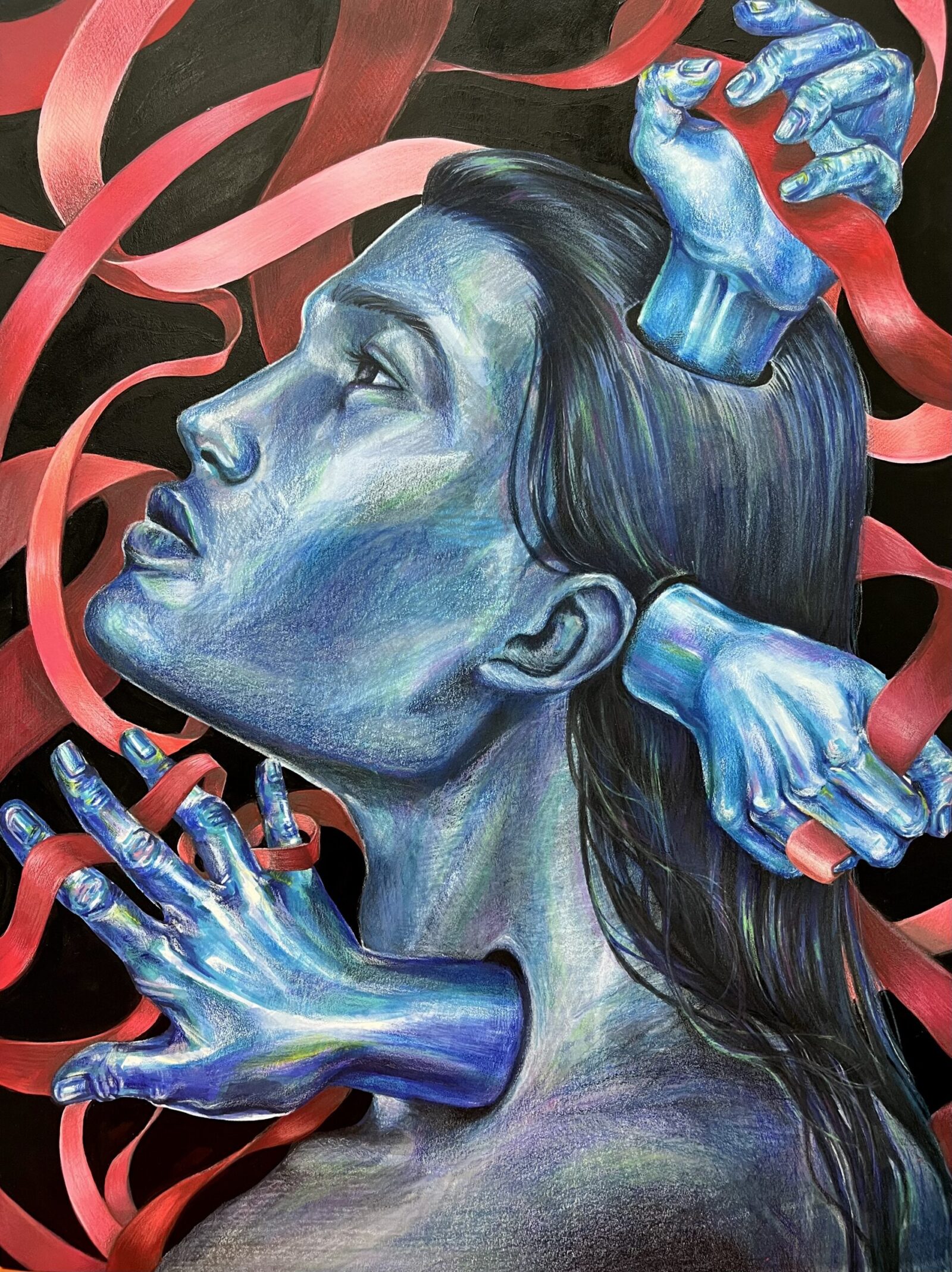 self-portrait in profile with blue hands and red ribbons